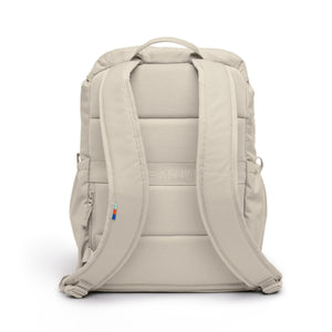 Beige backpack back view with padded shoulder straps and mesh back panel