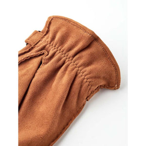 Close up of brown suede Hestra glove cuff with gathered elastic detail
