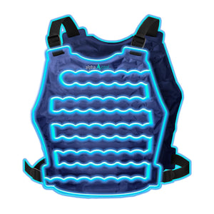 Alpha Cool cooling vest with blue wavy cooling channels and black adjustable straps