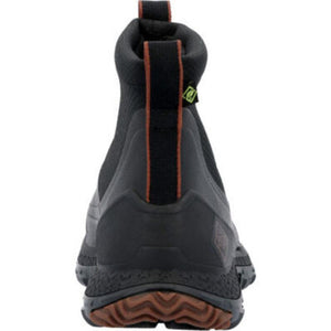 Rear view of black Muck ankle boot with brown pull tab and textured sole