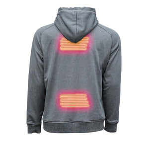 Back view of grey heated hoodie showing glowing heating elements