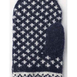 Navy and white wool mitten with a small geometric pattern