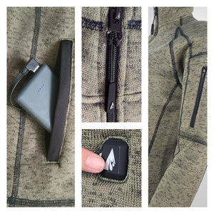 Close up details of olive green heated jacket showing battery pocket zipper and power control button