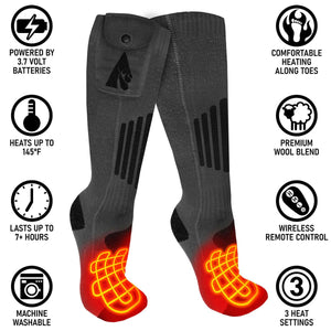 Grey heated wool blend socks with battery pockets and feature icons showing heating settings and battery life