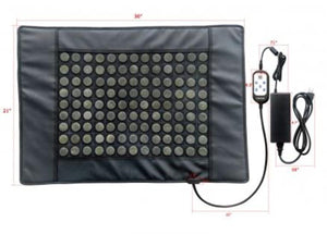 WelAide heating pad with stone discs and wired remote control showing dimensions
