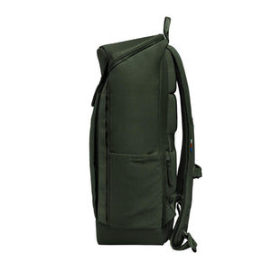 Side view of an olive green backpack with padded straps and mesh back panel