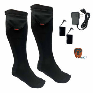Volt heated socks with two batteries, a wall charger, and a remote control