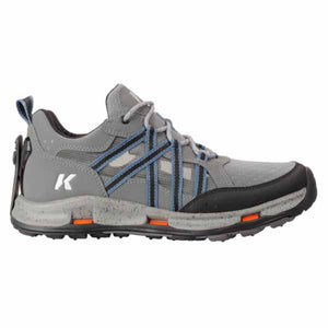 Korkers grey hiking shoe with blue accents and black detailing