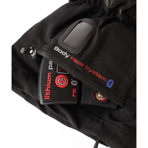 Lithium battery pack inside a zippered pocket on a black heated glove