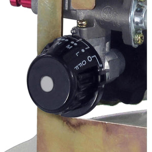 Black control knob with H M L and O settings on a metal bracket