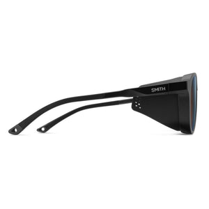 Side profile of black Smith sunglasses with side shields
