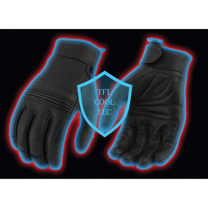 Pair of black leather motorcycle gloves with TFL Cool Tec shield graphic