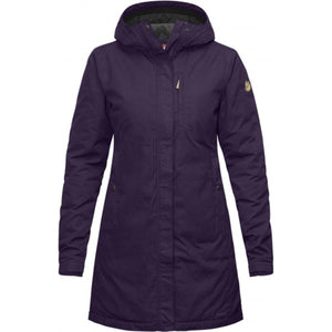 FjallRaven purple hooded parka with front zipper and chest pocket