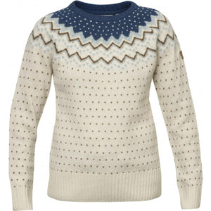 FjallRaven cream wool sweater with blue and brown chevron yoke pattern