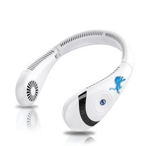 AlphaCool white wearable neck fan with Detroit Lions logo
