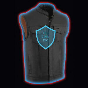 Milwaukee Leather black motorcycle vest with TFL Cool Tec shield graphic