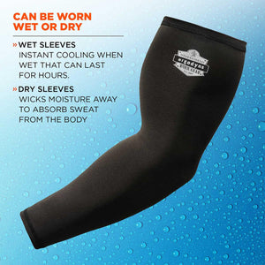 Chill-Its black cooling arm sleeve with text explaining wet and dry usage