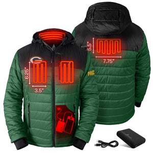 ActionHeat green hooded jacket showing heating element locations and battery pack