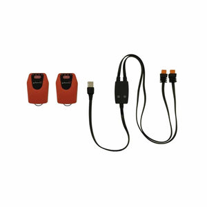 Glovii battery set with two orange batteries and a dual USB charging cable