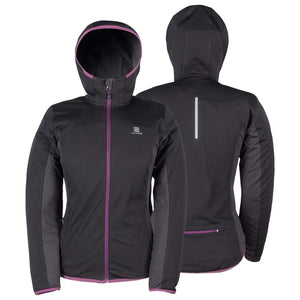 Fieldsheer women black hooded jacket with purple zipper and trim front and back view