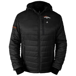 Black Denver Broncos heated puffer jacket with hood and team logo
