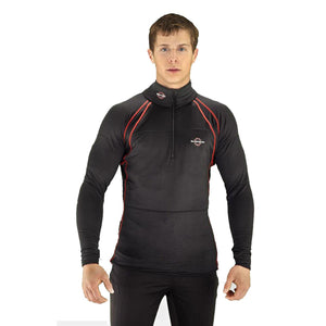 Man wearing a black long sleeve quarter zip shirt with red stitching details