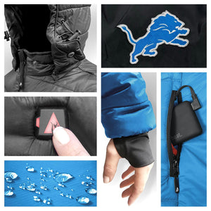 Detroit Lions heated jacket features including logo, power button, battery pack, and water resistant fabric