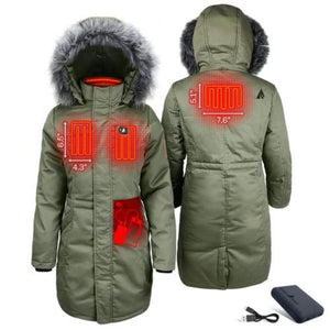 ActionHeat olive green parka showing internal heating element locations and battery pack