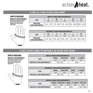 Action Heat glove size chart for men and women showing knuckle circumference measurements in inches