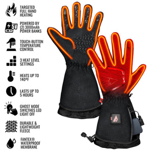 ActionHeat heated gloves with feature list including full hand heating and temperature control