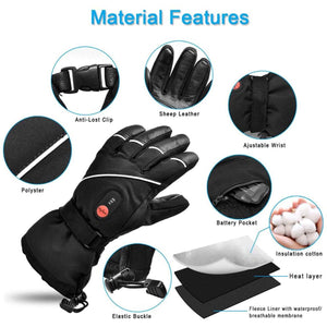 Diagram showing material features of heated gloves including sheep leather, polyester, battery pocket, and insulation