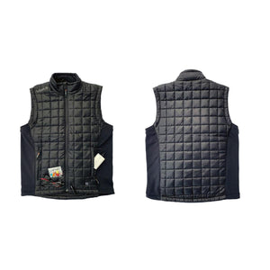 Volt Heat black quilted heated vest showing front and back views with battery and charging accessories