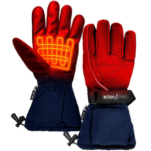 ActionHeat red and navy blue heated winter gloves with visible heating element grid