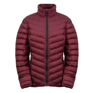 Maroon quilted puffer jacket with high collar and black front zipper