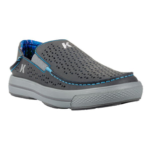 Korkers grey slip on shoe with perforated upper and blue stitching