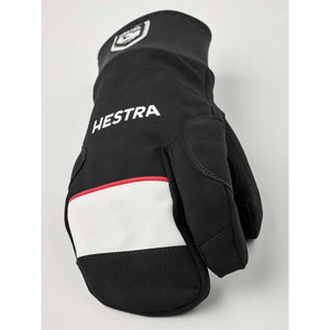 Hestra black winter mitten with white logo and white accent panel