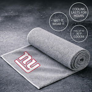 New York Giants cooling towel with text overlays explaining wet and wear instructions and temperature benefits