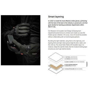 REV IT heated gloves showing layered material construction and battery pack