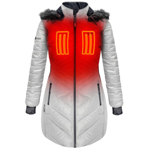 ActionHeat white hooded puffer coat with red heated chest panels