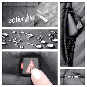 ActionHeat apparel features water resistant fabric, a battery powered pocket, and a push button heat controller