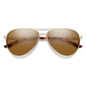 Gold aviator sunglasses with brown lenses and tortoise shell temple tips