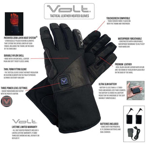 Vole tactical leather heated gloves with feature callouts including battery, touchscreen compatibility, and materials