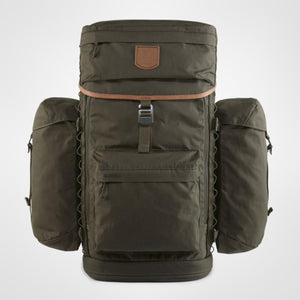 FjallRaven dark green hiking backpack with side pockets and leather trim