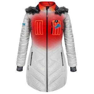 ActionHeat white puffer jacket with Detroit Lions logo and red heated zones