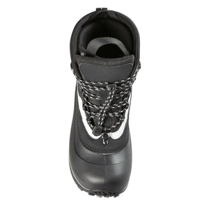 Top view of a black winter boot with toggle lacing system