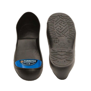 Impacto Turbotoe steel toe overshoe showing front view with blue label and bottom view with tread pattern