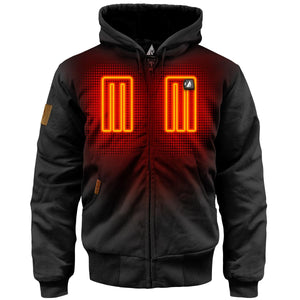 ActionHeat black hooded jacket with glowing orange chest heating elements