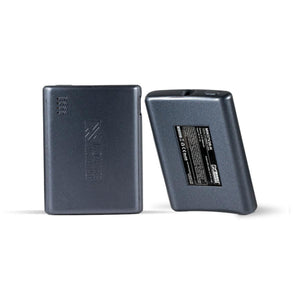 Mobile Warming rechargeable battery pack showing front and back views with technical specifications