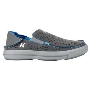 Korkers grey slip on shoe with blue stitching and perforated upper