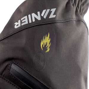 Zanier glove detail with flame icon and push button indicator